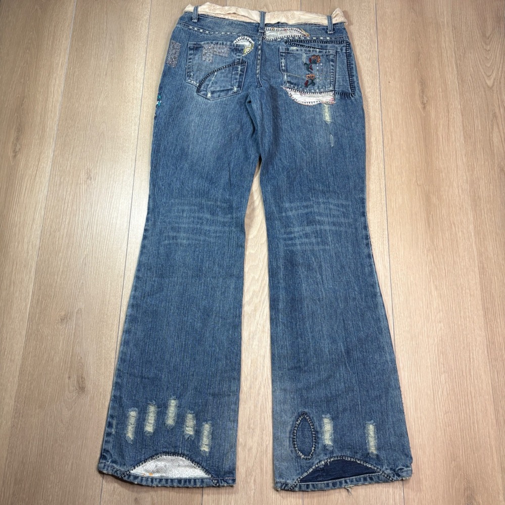 Venus Womens Y2K Flare Jeans Blue Denim Embroidered Lace Patchwork Low Rise SZ 6 - Picture 6 of 11